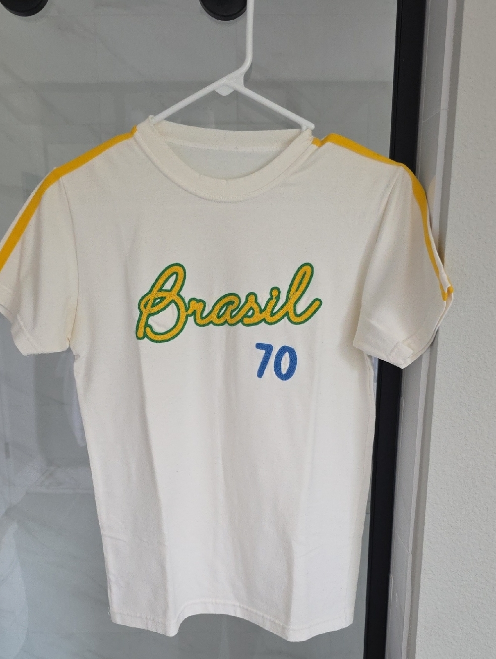 Brasil 70 Cream Tee with Yellow Shoulder Stripes